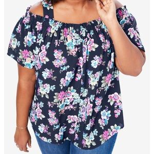 Woman Within Adjustable Cold shoulder Floral Navy blue blouse top button front